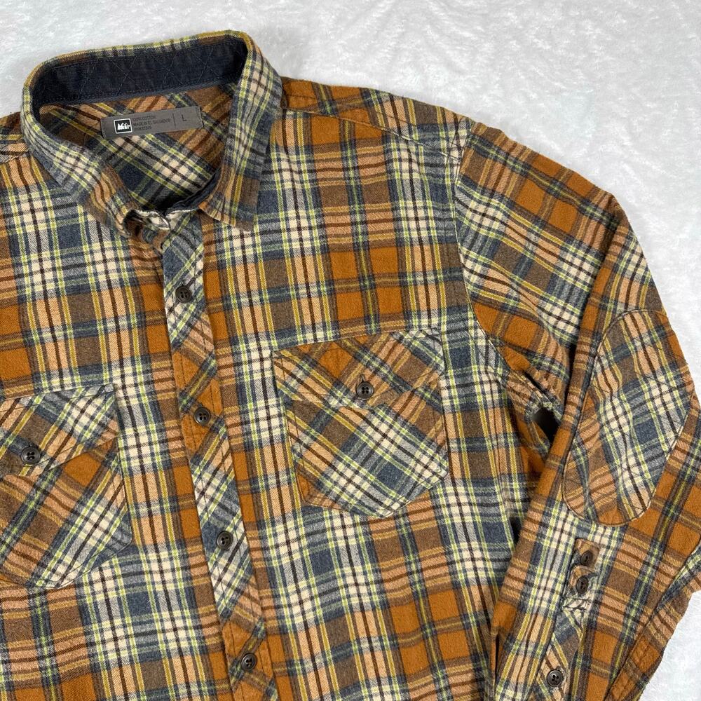 REI Flannel Plaid Long Sleeve Button Down Shirt‎ Men's L Elbow Patches Cotton